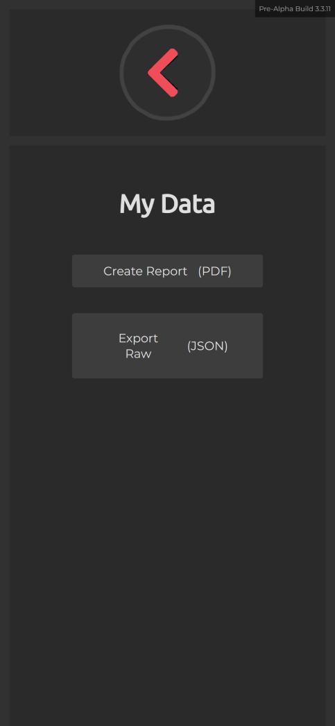 My Data screen with PDF report and JSON export options