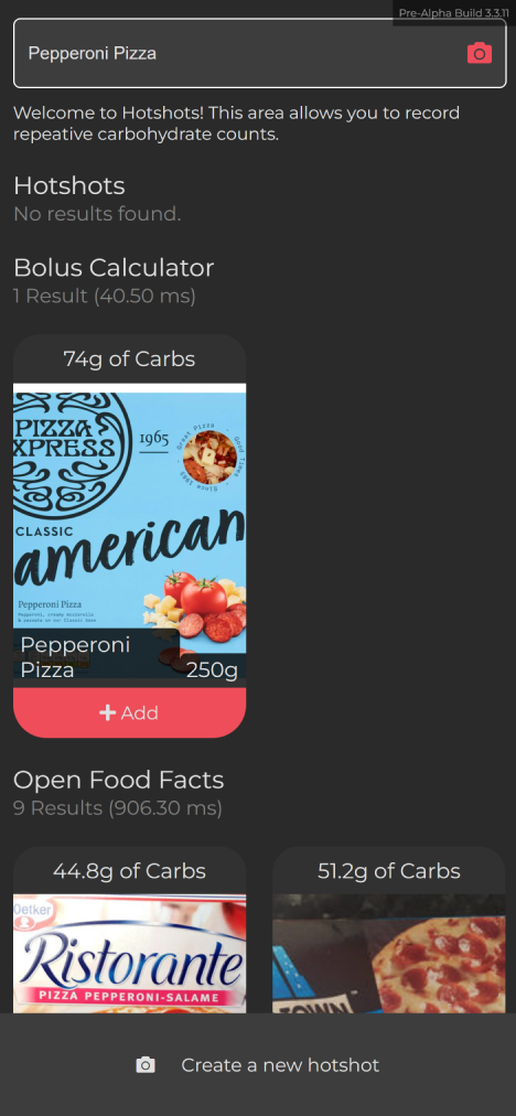 Hotshots showing saved food and nutritional search results